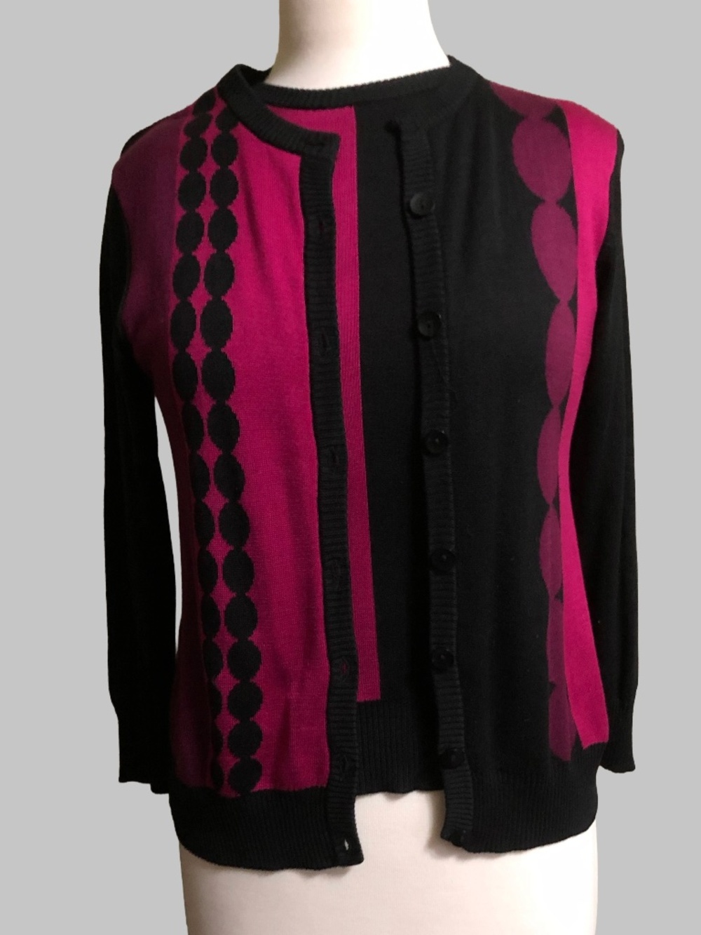 VTG 100% Silk Essentials G Knit Cardigan Twin Set • Mod Pink Black • PS